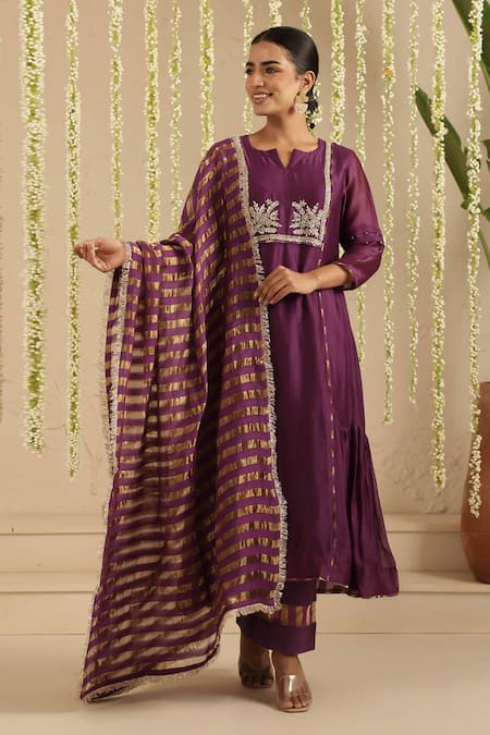Shop_Gulabik Jaipur_Purple Chanderi, Cotton Embroidery, Beads, Lace Split V-neck Anarkali Set 