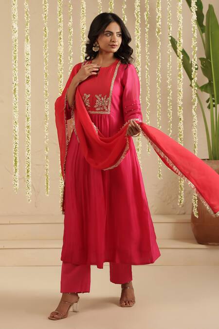 Buy_Gulabik Jaipur_Pink Chanderi Sequins, Stones, Gota Patti, Metallic Thread Embroidered Kurta Set _Online_at_Aza_Fashions