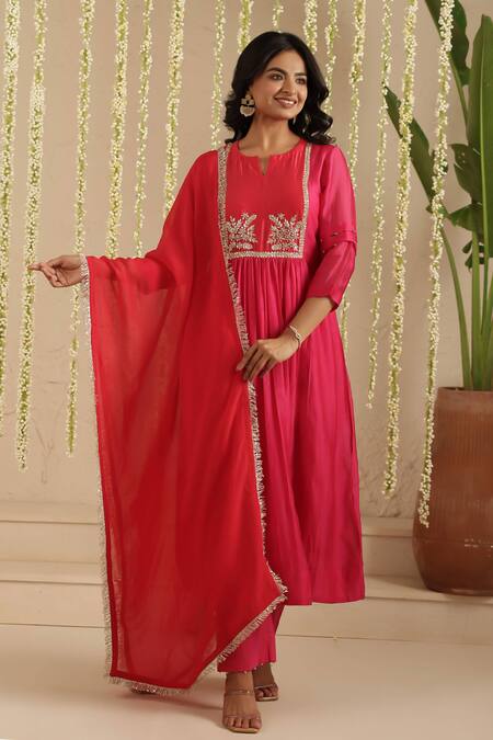 Shop_Gulabik Jaipur_Pink Chanderi Sequins, Stones, Gota Patti, Metallic Thread Embroidered Kurta Set _Online_at_Aza_Fashions