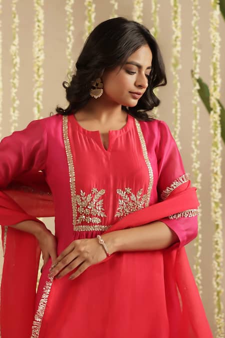 Gulabik Jaipur_Pink Chanderi Sequins, Stones, Gota Patti, Metallic Thread Embroidered Kurta Set _at_Aza_Fashions