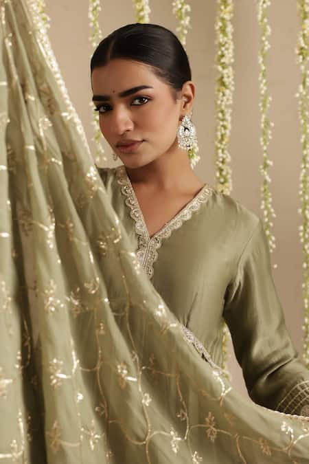 Gulabik Jaipur_Green Chanderi, Cotton, Chiffon Sequins, Gota Patti, Moss Anarkali Set _Online_at_Aza_Fashions