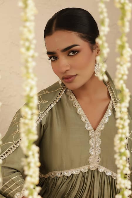 Buy_Gulabik Jaipur_Green Chanderi, Cotton, Chiffon Sequins, Gota Patti, Moss Anarkali Set _Online_at_Aza_Fashions