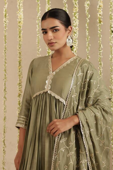Shop_Gulabik Jaipur_Green Chanderi, Cotton, Chiffon Sequins, Gota Patti, Moss Anarkali Set _Online_at_Aza_Fashions