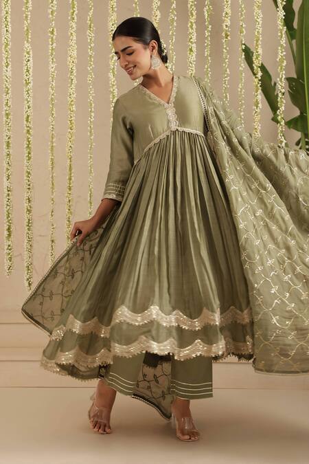 Gulabik Jaipur_Green Chanderi, Cotton, Chiffon Sequins, Gota Patti, Moss Anarkali Set _at_Aza_Fashions