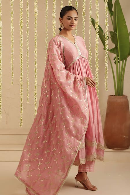 Gulabik Jaipur_Pink Chanderi, Cotton, Chiffon Embroidery, Sequins, Lace, Dusty Anarkali Set _Online_at_Aza_Fashions