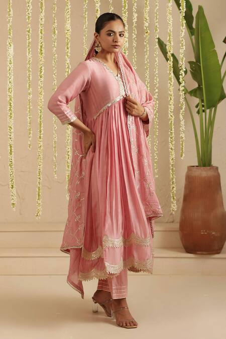 Buy_Gulabik Jaipur_Pink Chanderi, Cotton, Chiffon Embroidery, Sequins, Lace, Dusty Anarkali Set _Online_at_Aza_Fashions