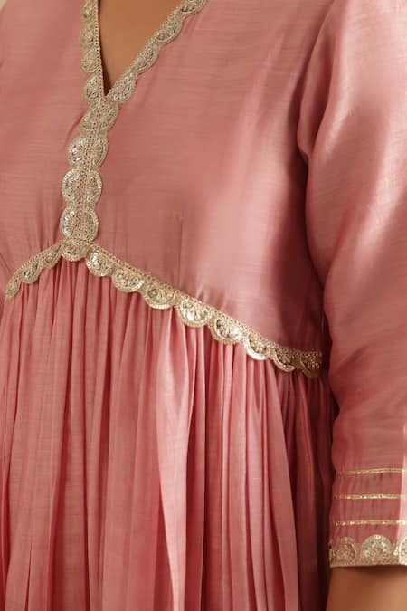 Shop_Gulabik Jaipur_Pink Chanderi, Cotton, Chiffon Embroidery, Sequins, Lace, Dusty Anarkali Set _Online_at_Aza_Fashions