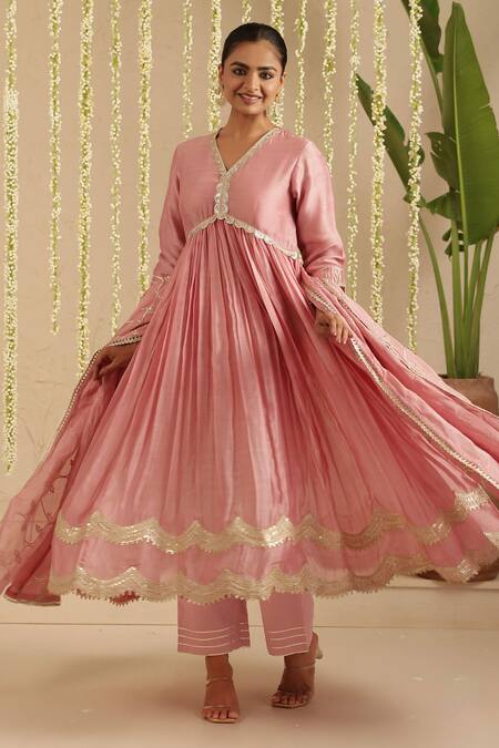 Gulabik Jaipur_Pink Chanderi, Cotton, Chiffon Embroidery, Sequins, Lace, Dusty Anarkali Set _at_Aza_Fashions