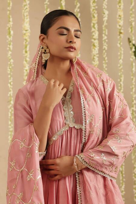 Buy_Gulabik Jaipur_Pink Chanderi, Cotton, Chiffon Embroidery, Sequins, Lace, Dusty Anarkali Set 