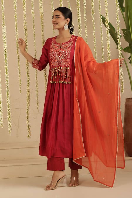 Buy_Gulabik Jaipur_Maroon Chanderi, Cotton Embroidery, Mirrors, Tassels, Sequins Round Kurta Set _Online_at_Aza_Fashions