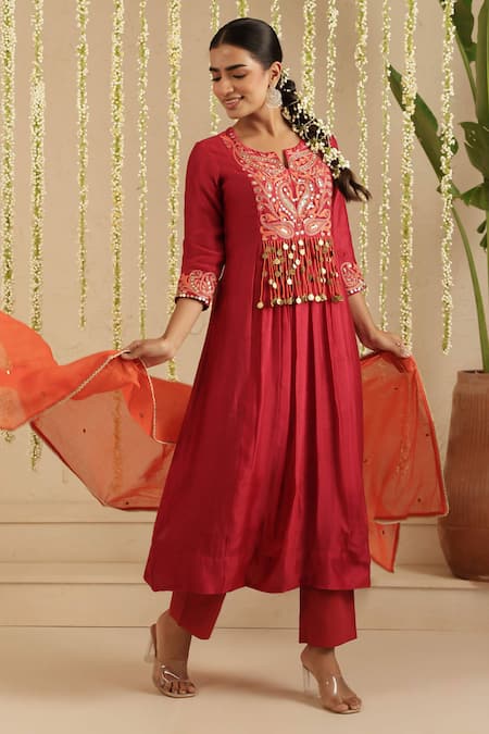 Shop_Gulabik Jaipur_Maroon Chanderi, Cotton Embroidery, Mirrors, Tassels, Sequins Round Kurta Set _Online_at_Aza_Fashions