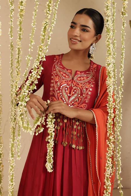 Shop_Gulabik Jaipur_Maroon Chanderi, Cotton Embroidery, Mirrors, Tassels, Sequins Round Kurta Set 