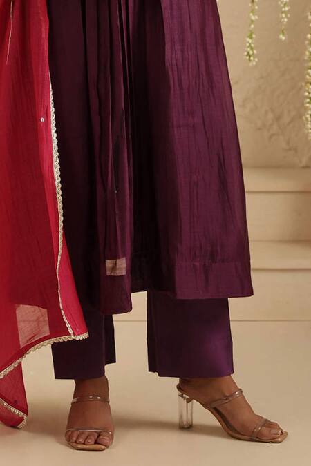 Gulabik Jaipur_Purple Chanderi, Cotton Embroidery, Mirrors, Tassels Split V-neck Kurta Set _Online_at_Aza_Fashions
