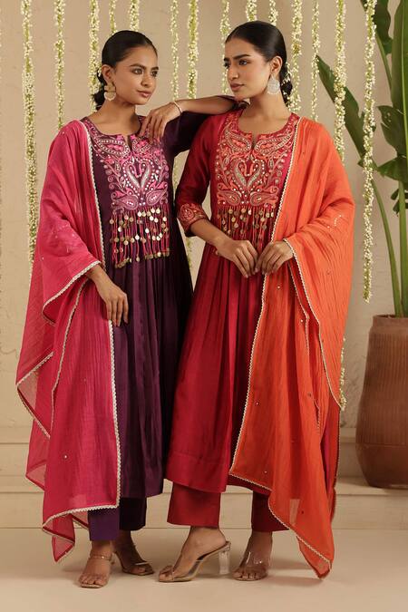 Buy_Gulabik Jaipur_Purple Chanderi, Cotton Embroidery, Mirrors, Tassels Split V-neck Kurta Set _Online_at_Aza_Fashions