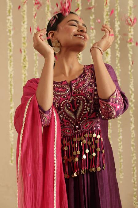 Gulabik Jaipur_Purple Chanderi, Cotton Embroidery, Mirrors, Tassels Split V-neck Kurta Set _at_Aza_Fashions