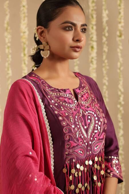 Buy_Gulabik Jaipur_Purple Chanderi, Cotton Embroidery, Mirrors, Tassels Split V-neck Kurta Set 