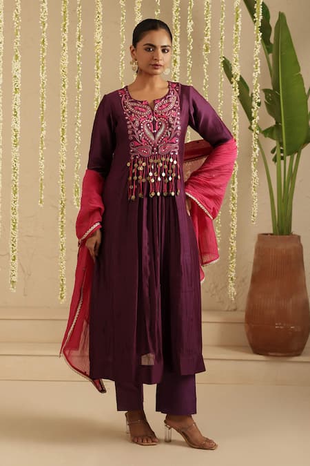 Shop_Gulabik Jaipur_Purple Chanderi, Cotton Embroidery, Mirrors, Tassels Split V-neck Kurta Set 