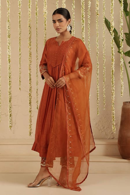 Buy_Gulabik Jaipur_Orange Chanderi, Organza Embroidery, Sequins Split V-neck Kurta Set _Online_at_Aza_Fashions