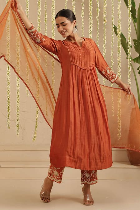 Shop_Gulabik Jaipur_Orange Chanderi, Organza Embroidery, Sequins Split V-neck Kurta Set _Online_at_Aza_Fashions
