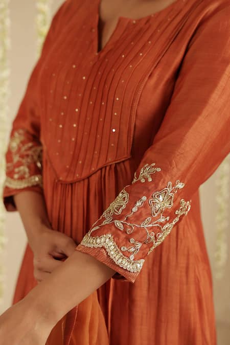 Shop_Gulabik Jaipur_Orange Chanderi, Organza Embroidery, Sequins Split V-neck Kurta Set 
