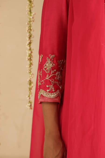Gulabik Jaipur_Pink Chanderi, Organza Embroidery, Sequins, Zari Split V-neck Hot Kurta Set _Online_at_Aza_Fashions