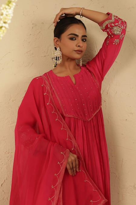 Buy_Gulabik Jaipur_Pink Chanderi, Organza Embroidery, Sequins, Zari Split V-neck Hot Kurta Set _Online_at_Aza_Fashions