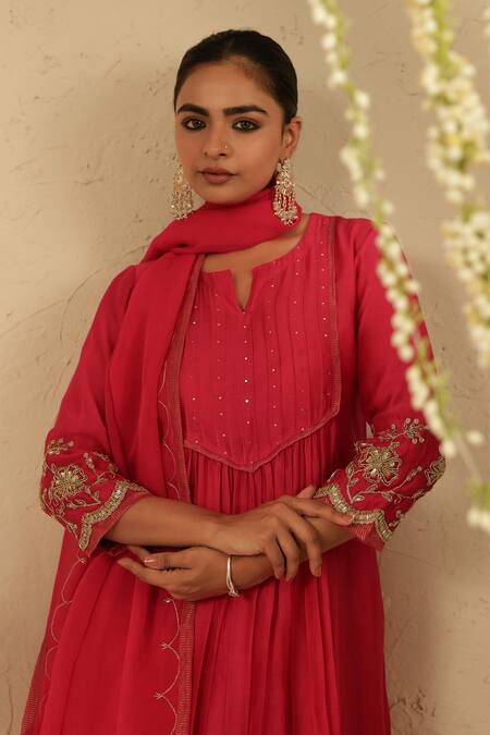 Buy_Gulabik Jaipur_Pink Chanderi, Organza Embroidery, Sequins, Zari Split V-neck Hot Kurta Set 