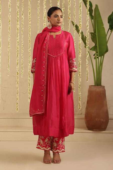 Shop_Gulabik Jaipur_Pink Chanderi, Organza Embroidery, Sequins, Zari Split V-neck Hot Kurta Set 