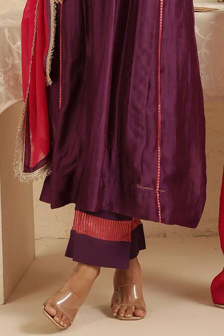 Gulabik Jaipur_Purple Chanderi Beads, Tassels, Embroidery Round Neck Kurta Set _Online_at_Aza_Fashions