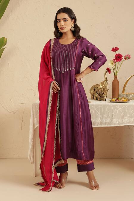 Buy_Gulabik Jaipur_Purple Chanderi Beads, Tassels, Embroidery Round Neck Kurta Set _Online_at_Aza_Fashions