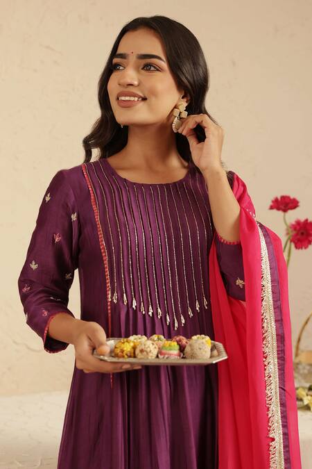 Shop_Gulabik Jaipur_Purple Chanderi Beads, Tassels, Embroidery Round Neck Kurta Set _Online_at_Aza_Fashions