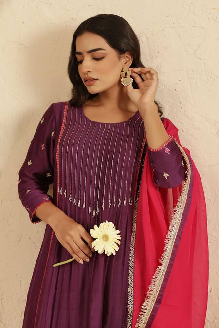 Gulabik Jaipur_Purple Chanderi Beads, Tassels, Embroidery Round Neck Kurta Set _at_Aza_Fashions