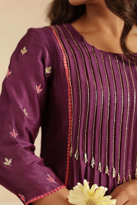 Buy_Gulabik Jaipur_Purple Chanderi Beads, Tassels, Embroidery Round Neck Kurta Set 