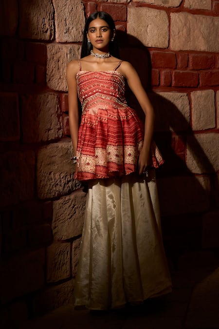 Buy_Saangi_Red Viscose, Satin, Silk, Tissue Zari, Scarlet Peplum Kurta With Flared Sharara _Online_at_Aza_Fashions