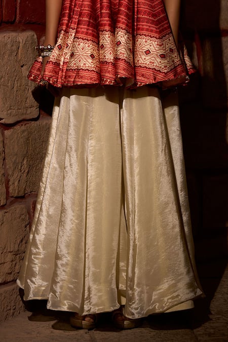 Shop_Saangi_Red Viscose, Satin, Silk, Tissue Zari, Scarlet Peplum Kurta With Flared Sharara _Online_at_Aza_Fashions