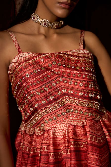 Buy_Saangi_Red Viscose, Satin, Silk, Tissue Zari, Scarlet Peplum Kurta With Flared Sharara 