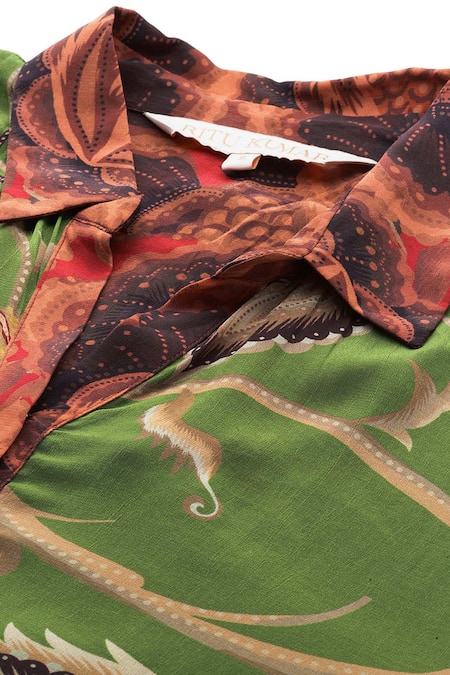 Ritu Kumar Green Viscose, Crepe Collared, V-neck Amaraa Floral Print Asymmetric Tunic Online at Aza Fashions Ritu Kumar_Green Viscose, Crepe Collared, V-neck Amaraa Floral Print Asymmetric Tunic _Online_at_Aza_Fashions