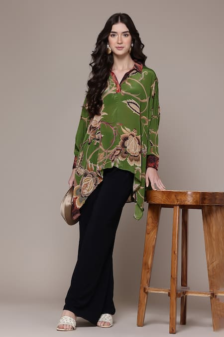 Buy Ritu Kumar Green Viscose, Crepe Collared, V-neck Amaraa Floral Print Asymmetric Tunic Online at Aza Fashions Buy_Ritu Kumar_Green Viscose, Crepe Collared, V-neck Amaraa Floral Print Asymmetric Tunic _Online_at_Aza_Fashions