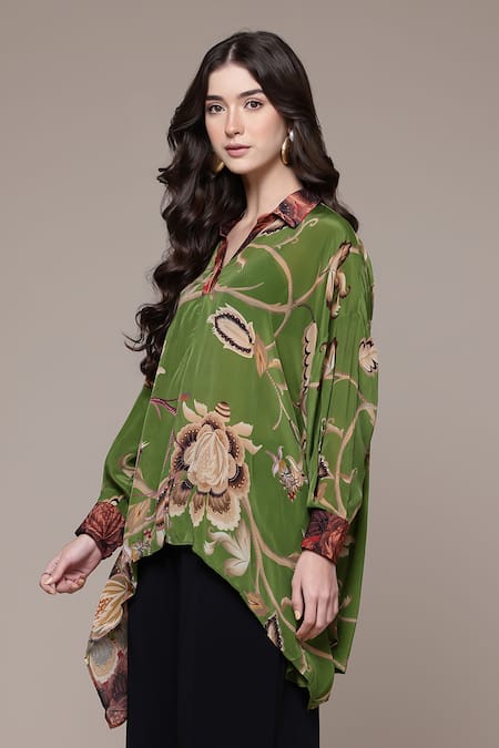 Shop Ritu Kumar Green Viscose, Crepe Collared, V-neck Amaraa Floral Print Asymmetric Tunic Online at Aza Fashions Shop_Ritu Kumar_Green Viscose, Crepe Collared, V-neck Amaraa Floral Print Asymmetric Tunic _Online_at_Aza_Fashions