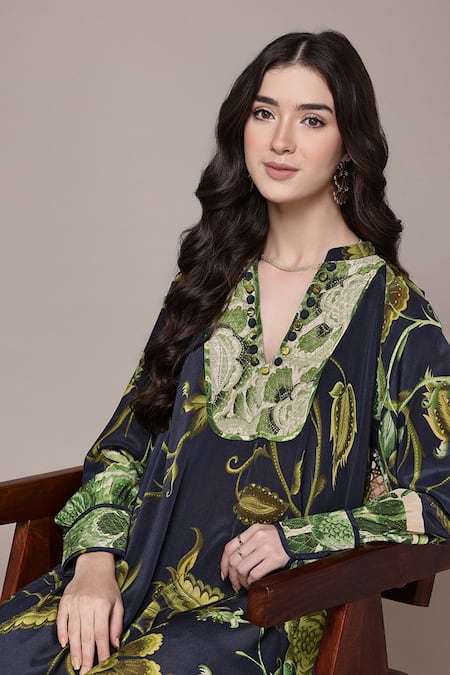 Shop Ritu Kumar Blue Viscose, Crepe Embroidery Amaraa Floral Print A-line Dress With Camisole Online at Aza Fashions Shop_Ritu Kumar_Blue Viscose, Crepe Embroidery Amaraa Floral Print A-line Dress With Camisole _Online_at_Aza_Fashions