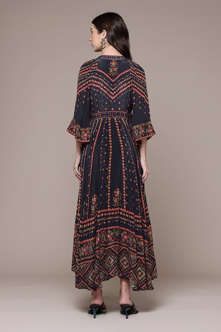 Shop Ritu Kumar Black Viscose, Crepe Embroidery, Amelia Geometric Print Fit And Flare Dress at Aza Fashions Shop_Ritu Kumar_Black Viscose, Crepe Embroidery, Amelia Geometric Print Fit And Flare Dress _at_Aza_Fashions