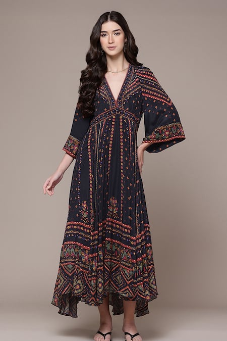 Ritu Kumar Black Viscose, Crepe Embroidery, Amelia Geometric Print Fit And Flare Dress Online at Aza Fashions Ritu Kumar_Black Viscose, Crepe Embroidery, Amelia Geometric Print Fit And Flare Dress _Online_at_Aza_Fashions