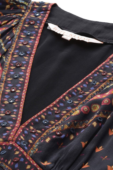 Shop Ritu Kumar Black Viscose, Crepe Embroidery, Amelia Geometric Print Fit And Flare Dress Online at Aza Fashions Shop_Ritu Kumar_Black Viscose, Crepe Embroidery, Amelia Geometric Print Fit And Flare Dress _Online_at_Aza_Fashions
