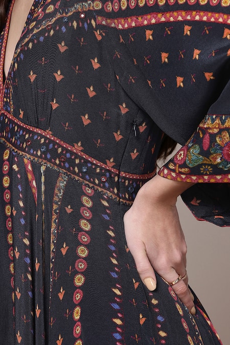 Ritu Kumar Black Viscose, Crepe Embroidery, Amelia Geometric Print Fit And Flare Dress at Aza Fashions Ritu Kumar_Black Viscose, Crepe Embroidery, Amelia Geometric Print Fit And Flare Dress _at_Aza_Fashions