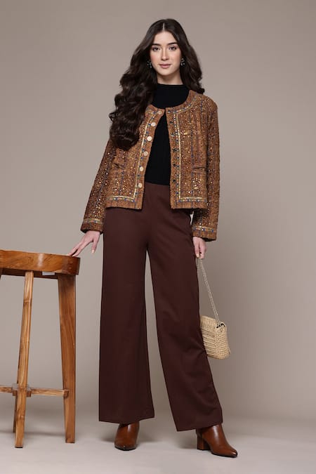 Ritu Kumar Brown Silk Sequins, Beads, Metallic Arianna Solid Embroidered Boucle Jacket Online at Aza Fashions Ritu Kumar_Brown Silk Sequins, Beads, Metallic Arianna Solid Embroidered Boucle Jacket _Online_at_Aza_Fashions