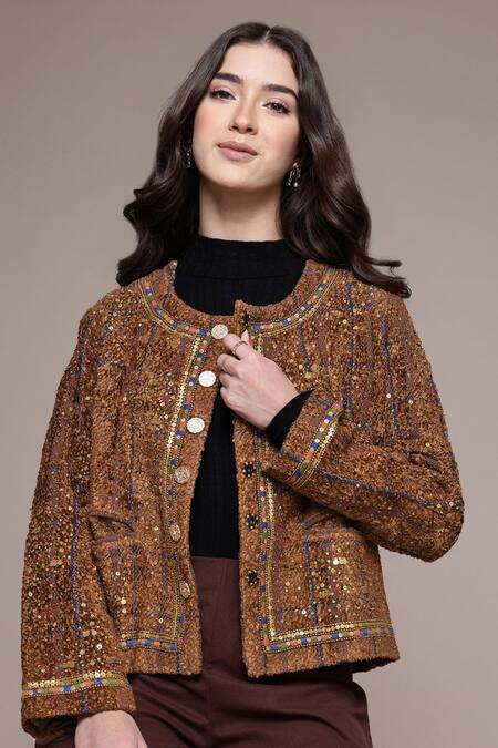 Buy Ritu Kumar Brown Silk Sequins, Beads, Metallic Arianna Solid Embroidered Boucle Jacket Online at Aza Fashions Buy_Ritu Kumar_Brown Silk Sequins, Beads, Metallic Arianna Solid Embroidered Boucle Jacket _Online_at_Aza_Fashions