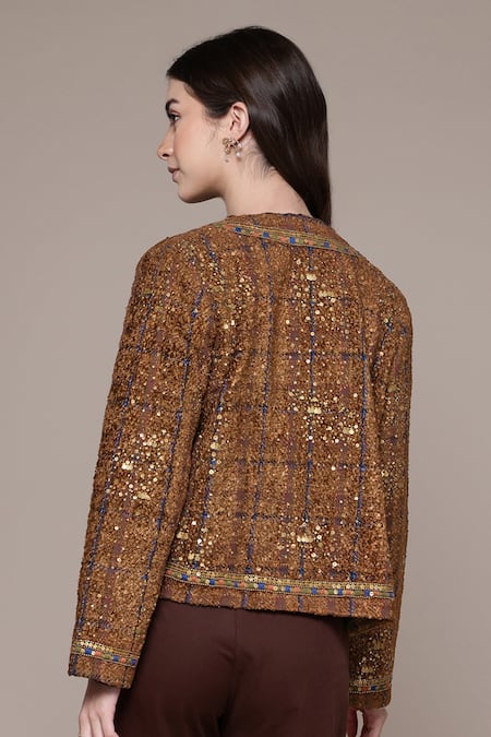 Shop Ritu Kumar Brown Silk Sequins, Beads, Metallic Arianna Solid Embroidered Boucle Jacket at Aza Fashions Shop_Ritu Kumar_Brown Silk Sequins, Beads, Metallic Arianna Solid Embroidered Boucle Jacket _at_Aza_Fashions