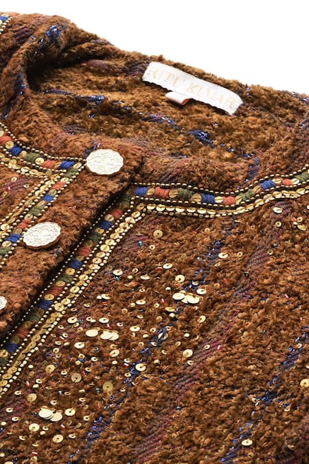 Ritu Kumar Brown Silk Sequins, Beads, Metallic Arianna Solid Embroidered Boucle Jacket at Aza Fashions Ritu Kumar_Brown Silk Sequins, Beads, Metallic Arianna Solid Embroidered Boucle Jacket _at_Aza_Fashions