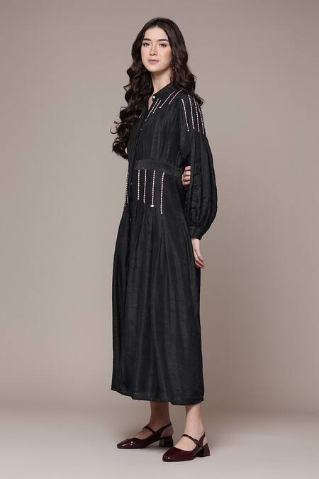 Ritu Kumar Black Viscose Embroidery Collared Arina Fit And Flare Full Sleeve Dress Online at Aza Fashions Ritu Kumar_Black Viscose Embroidery Collared Arina Fit And Flare Full Sleeve Dress _Online_at_Aza_Fashions