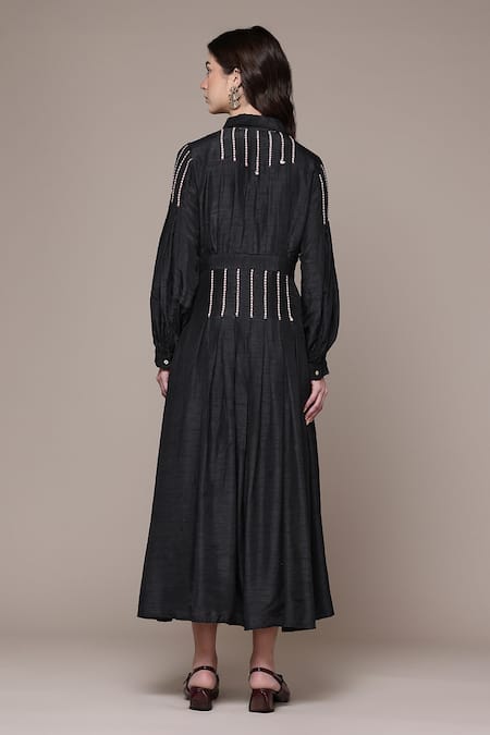 Shop Ritu Kumar Black Viscose Embroidery Collared Arina Fit And Flare Full Sleeve Dress at Aza Fashions Shop_Ritu Kumar_Black Viscose Embroidery Collared Arina Fit And Flare Full Sleeve Dress _at_Aza_Fashions